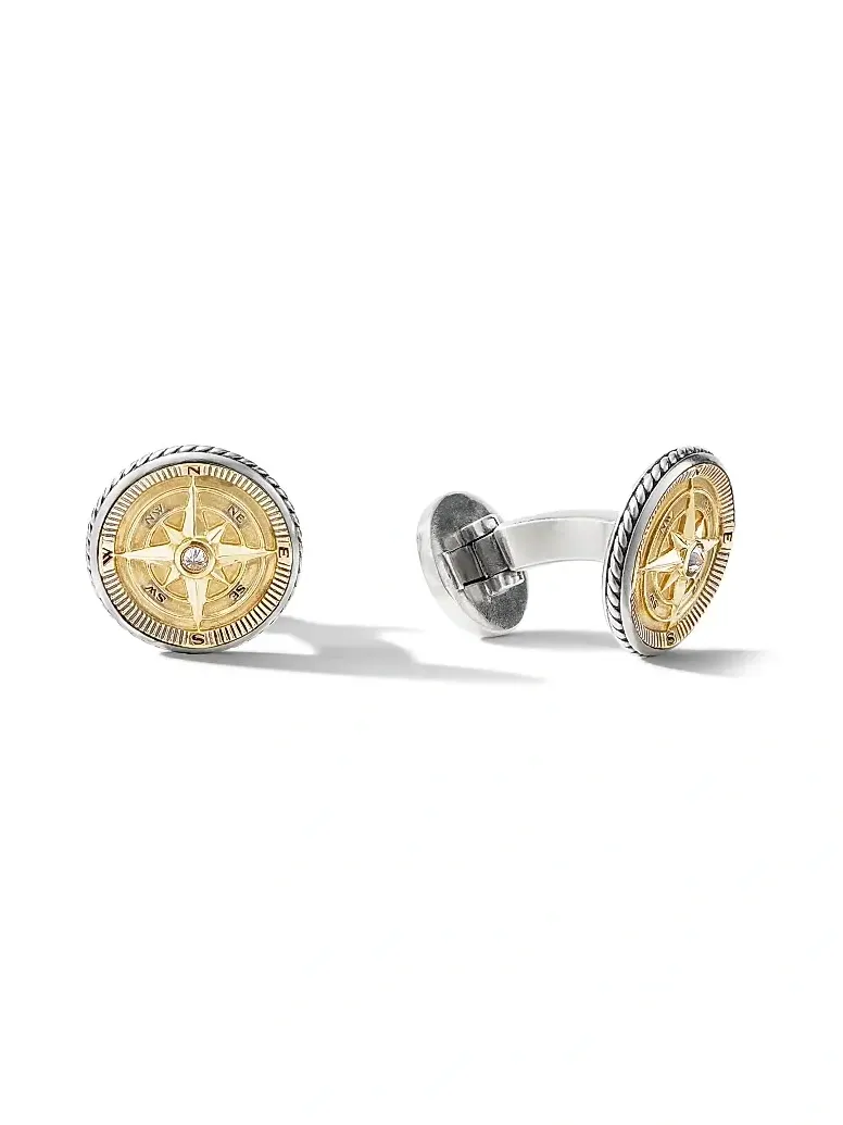 David Yurman Men's Maritime Compass Cufflinks in Sterling Silver with 18K Yellow Gold and Center Diamond, 16mm