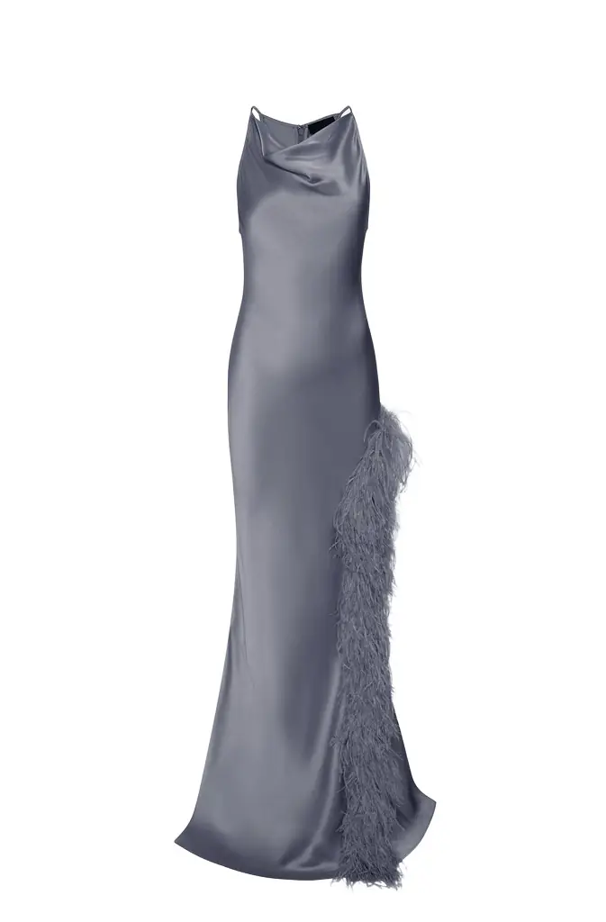 LAPOINTE Satin Halter Gown With Feathers | Thumbnail 1 LAPOINTE Satin Halter Gown With Feathers | Thumbnail 1