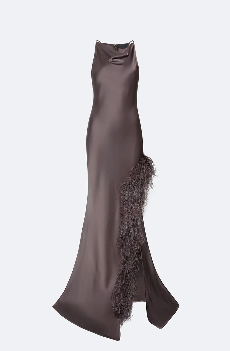 LAPOINTE Satin Halter Gown With Feathers | Thumbnail 4 LAPOINTE Satin Halter Gown With Feathers | Thumbnail 4