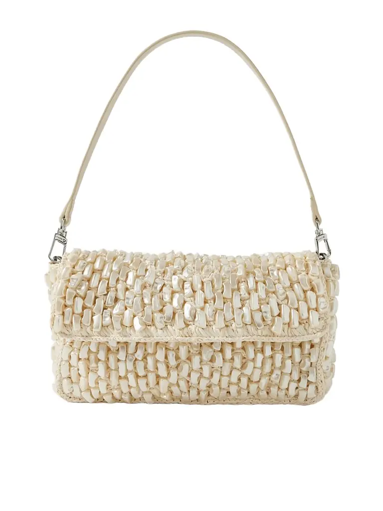 Staud Timmy Leather-trimmed Embellished Raffia Shoulder Bag | Image 1 Staud Timmy Leather-trimmed Embellished Raffia Shoulder Bag | Image 1