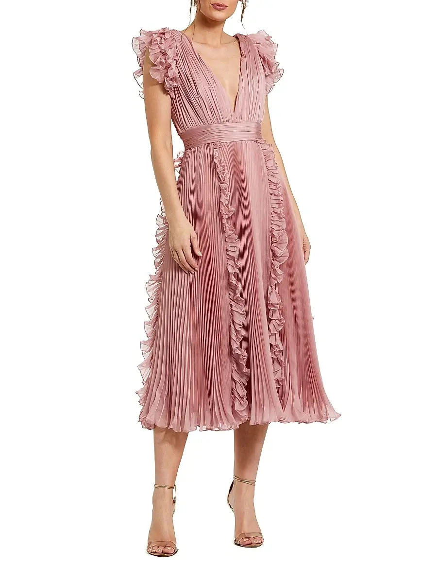 Mac Duggal Women's V-Neck Pleated Chiffon Ruffle Midi-Dress - Rose | Image 1 Mac Duggal Women's V-Neck Pleated Chiffon Ruffle Midi-Dress - Rose | Image 1