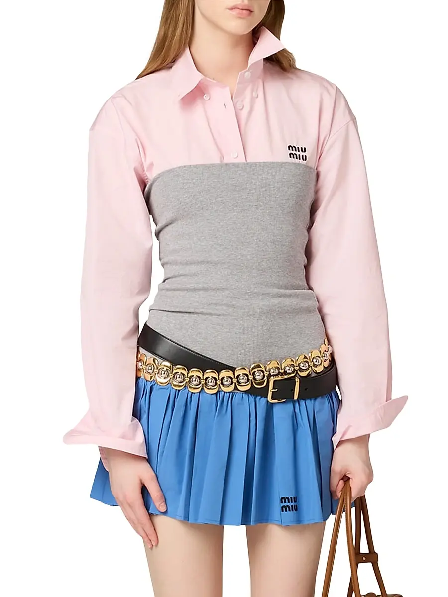 Miu Miu Women's Poplin and Jersey Mini Skirt - Grey | Thumbnail 2