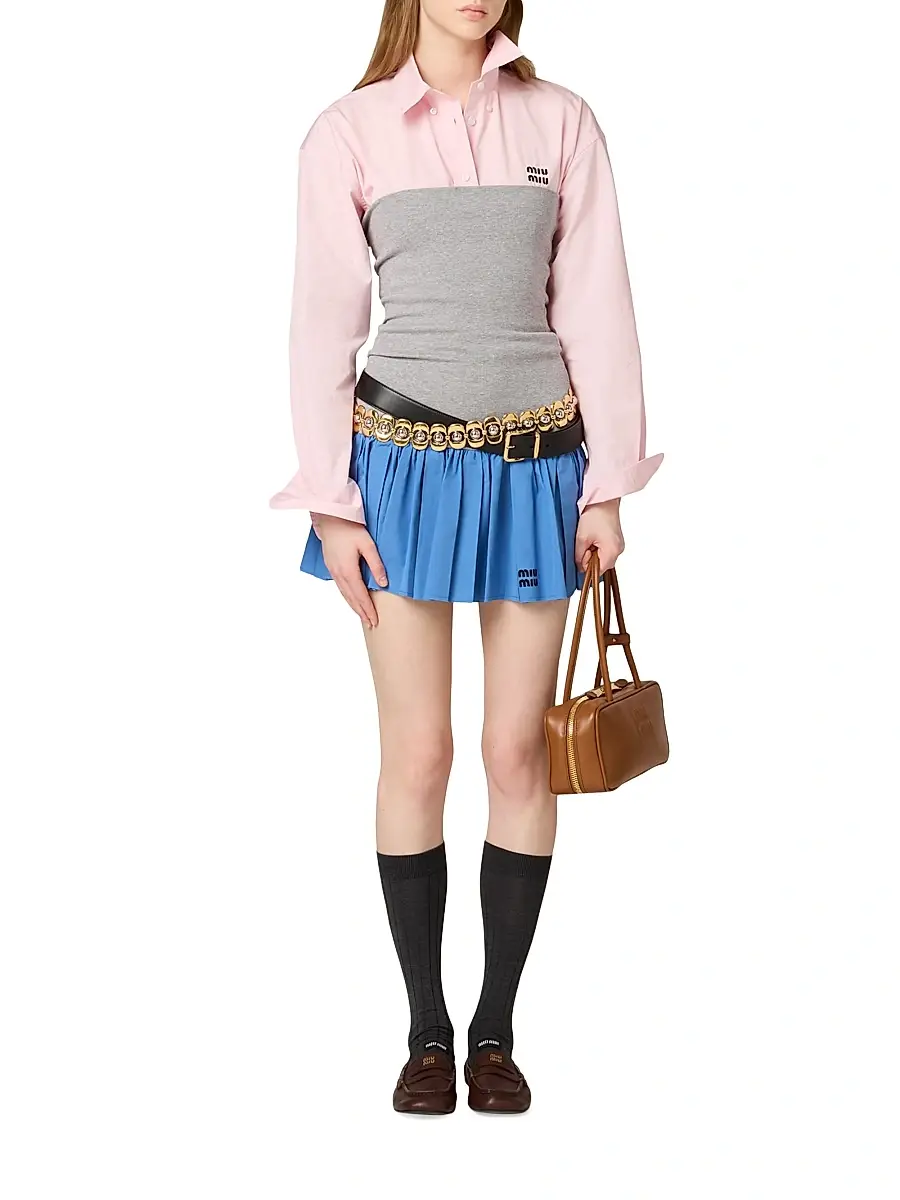 Miu Miu Women's Poplin and Jersey Mini Skirt - Grey | Thumbnail 6