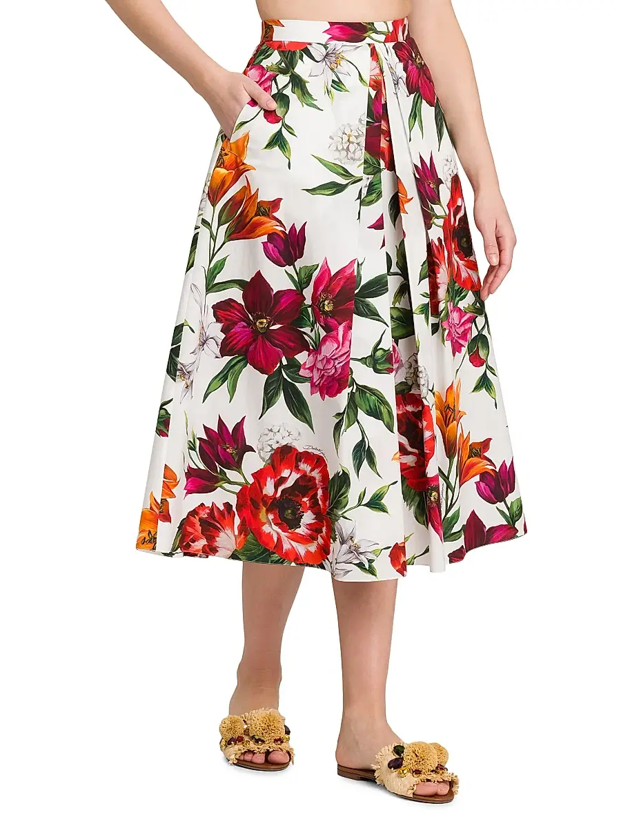 Dolce & Gabbana Women's Rafia Fiori Floral Pleated Cotton Poplin Midi-Skirt | Thumbnail 4 Dolce & Gabbana Women's Rafia Fiori Floral Pleated Cotton Poplin Midi-Skirt | Thumbnail 4