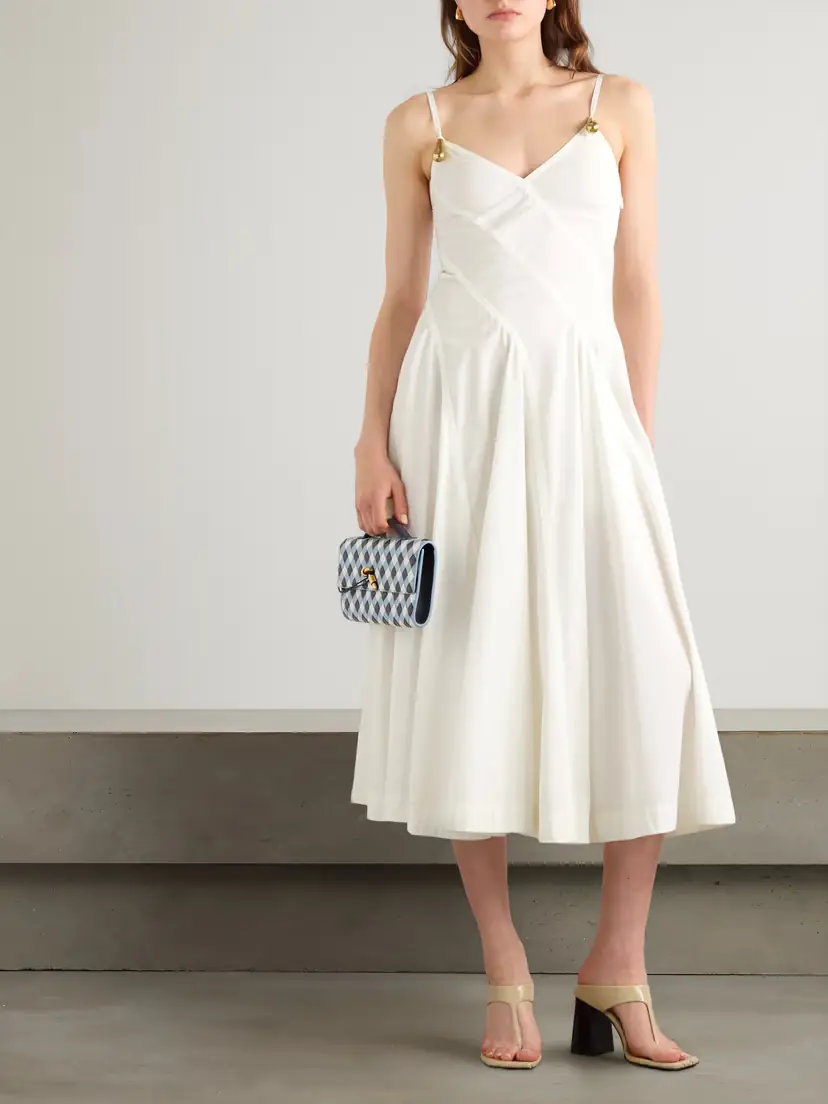 Bottega Veneta Embellished Pleated Cotton-blend Poplin Midi Dress | Thumbnail 2 Bottega Veneta Embellished Pleated Cotton-blend Poplin Midi Dress | Thumbnail 2