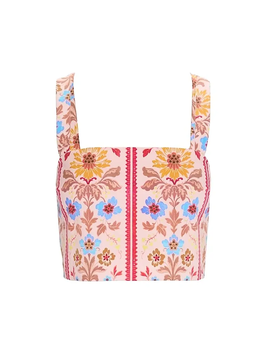 Hill House Home Women's The Clara Crop Top - Pink Floral Block Stripe | Image 1 Hill House Home Women's The Clara Crop Top - Pink Floral Block Stripe | Image 1
