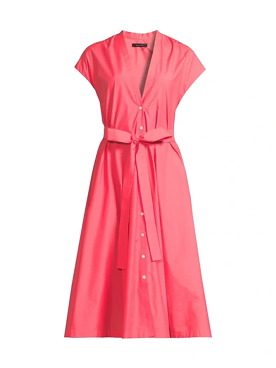 Natori Women's Techno Poplin Tie-Waist A-Line Midi-Dress - Vivid Coral - Size Small | Image 1 Natori Women's Techno Poplin Tie-Waist A-Line Midi-Dress - Vivid Coral - Size Small | Image 1