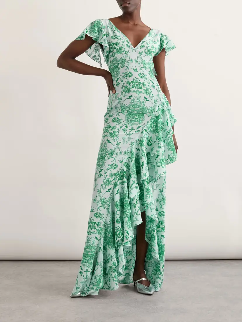 Alexander McQueen Asymmetric Ruffled Printed Silk-satin Maxi Dress | Thumbnail 2 Alexander McQueen Asymmetric Ruffled Printed Silk-satin Maxi Dress | Thumbnail 2