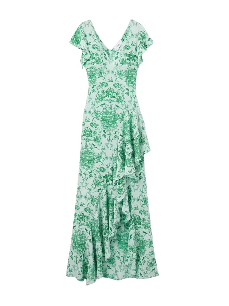 Asymmetric Ruffled Printed Silk-satin Maxi Dress