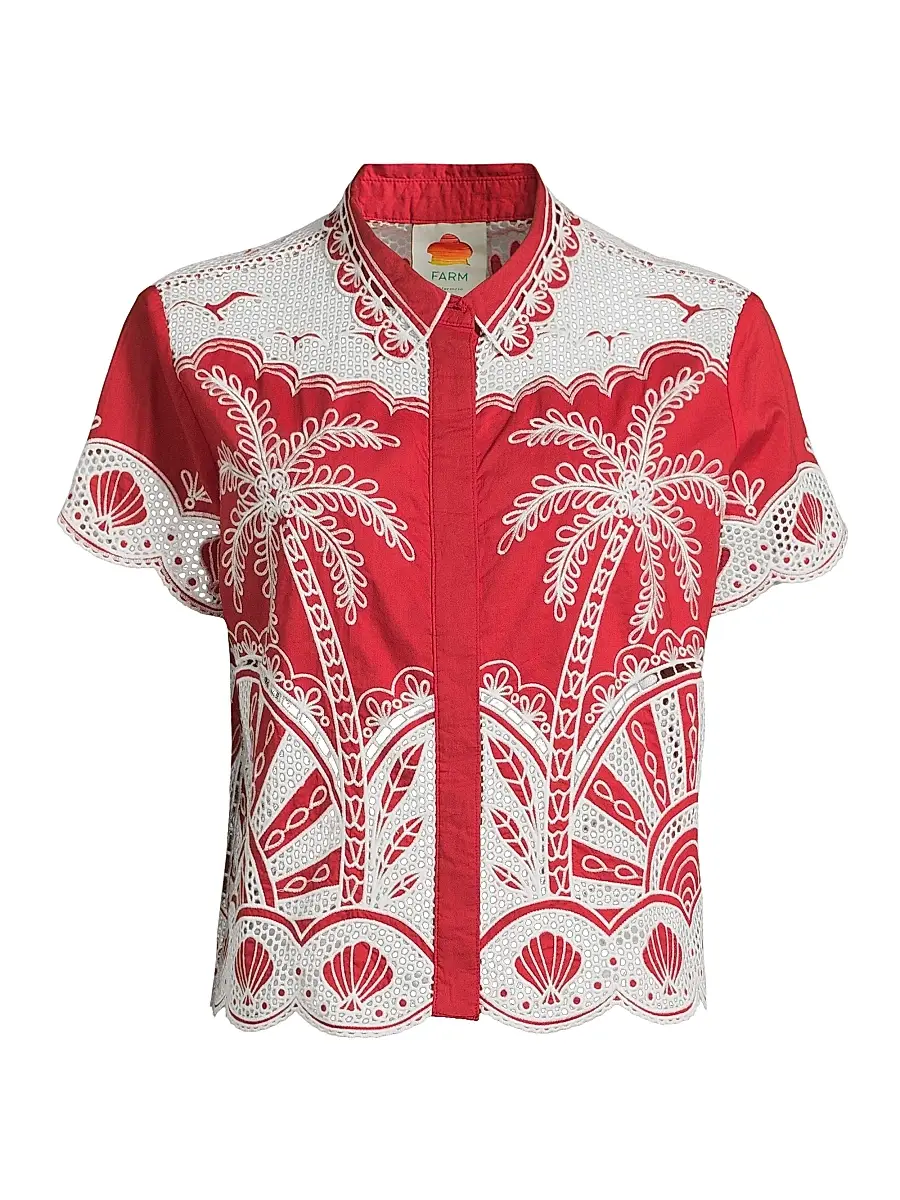 Farm Rio Women's Palm Trees Crochet Short-Sleeve Shirt - Red | Image 1 Farm Rio Women's Palm Trees Crochet Short-Sleeve Shirt - Red | Image 1