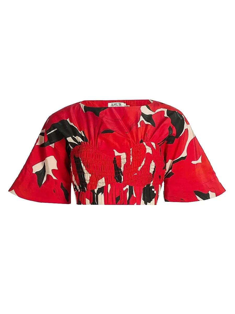 AMUR Women's Elle Smocked Cotton-Silk Crop Top - Red Bloom | Image 1 AMUR Women's Elle Smocked Cotton-Silk Crop Top - Red Bloom | Image 1