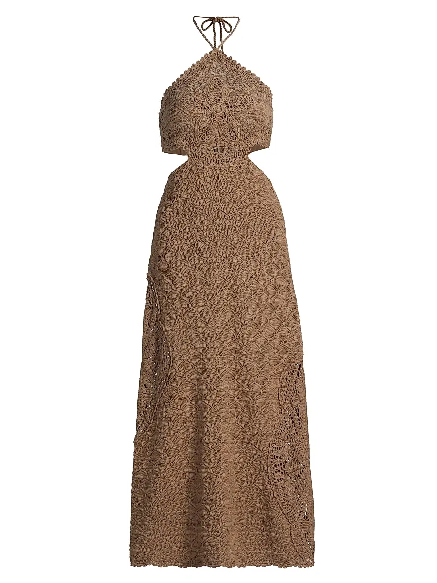 AMUR Women's Clara Crochet Halter Midi-Dress - Sand Dune | Image 1 AMUR Women's Clara Crochet Halter Midi-Dress - Sand Dune | Image 1