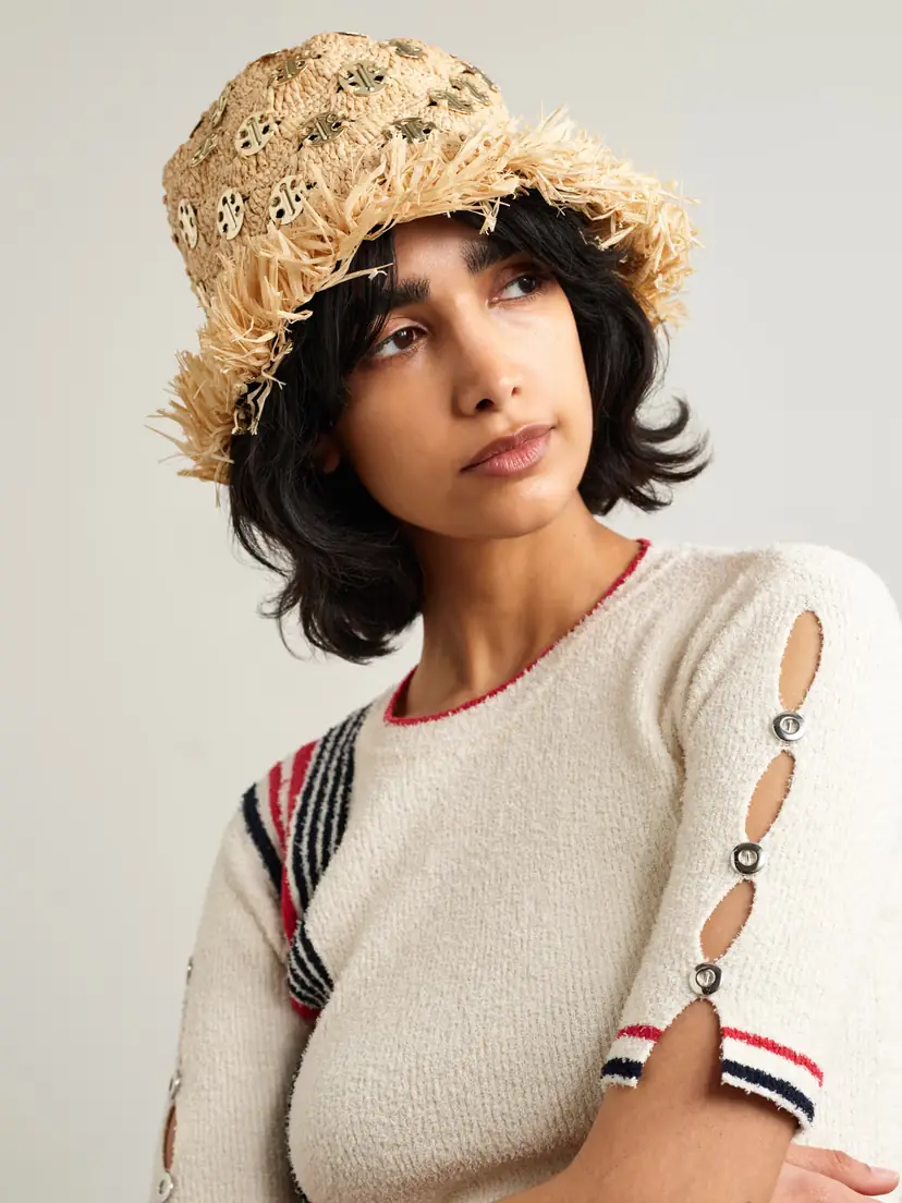 Rabanne Fringed Cutout Chainmail-embellished Raffia Hat | Thumbnail 2