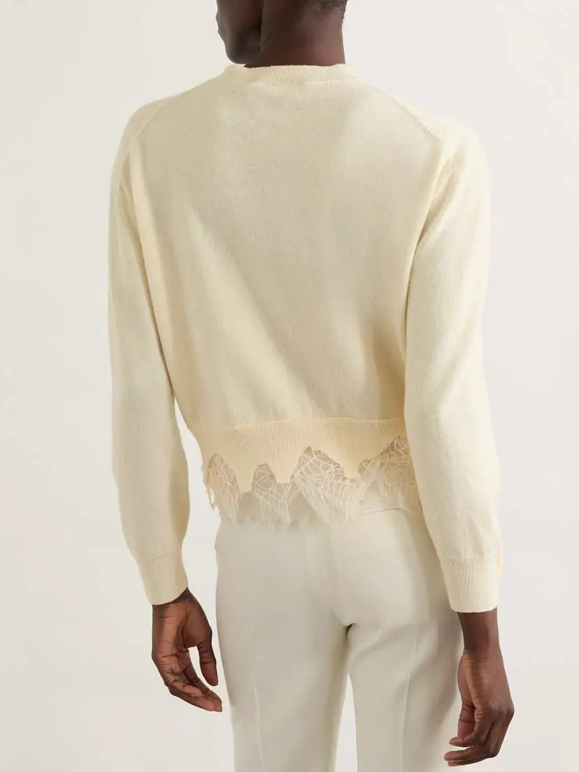 Alexander McQueen Lace-trimmed Distressed Wool And Cashmere-blend Cardigan | Thumbnail 3 Alexander McQueen Lace-trimmed Distressed Wool And Cashmere-blend Cardigan | Thumbnail 3