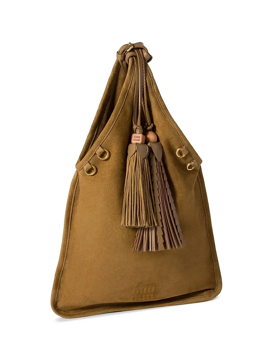 Miu Miu Women's Suede Handbag with Tassels - Light Brown | Thumbnail 2 Miu Miu Women's Suede Handbag with Tassels - Light Brown | Thumbnail 2