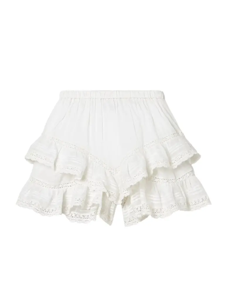 Geana Tiered Ruffled Lace-trimmed Cotton-voile Shorts