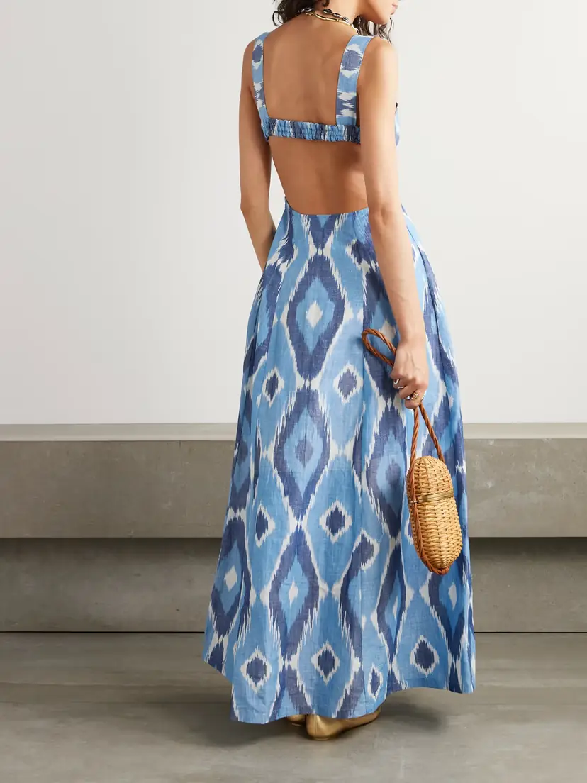 Emporio Sirenuse Azzurra Open-back Printed Hemp And Cotton-blend Maxi Dress | Thumbnail 3 Emporio Sirenuse Azzurra Open-back Printed Hemp And Cotton-blend Maxi Dress | Thumbnail 3