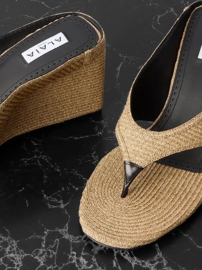 Alaïa Leather-trimmed Woven Raffia Wedge Sandals | Thumbnail 4