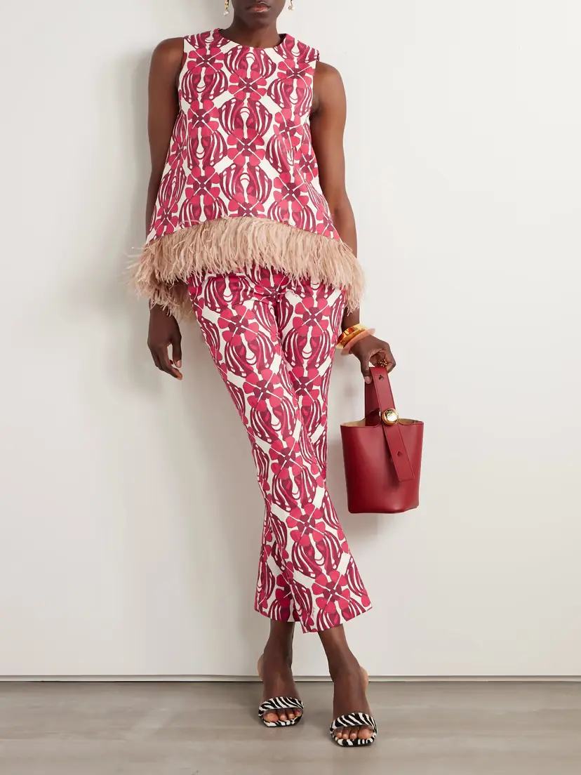 La DoubleJ Icon La Scala Feather-trimmed Printed Stretch-cotton Tweed Top | Thumbnail 2