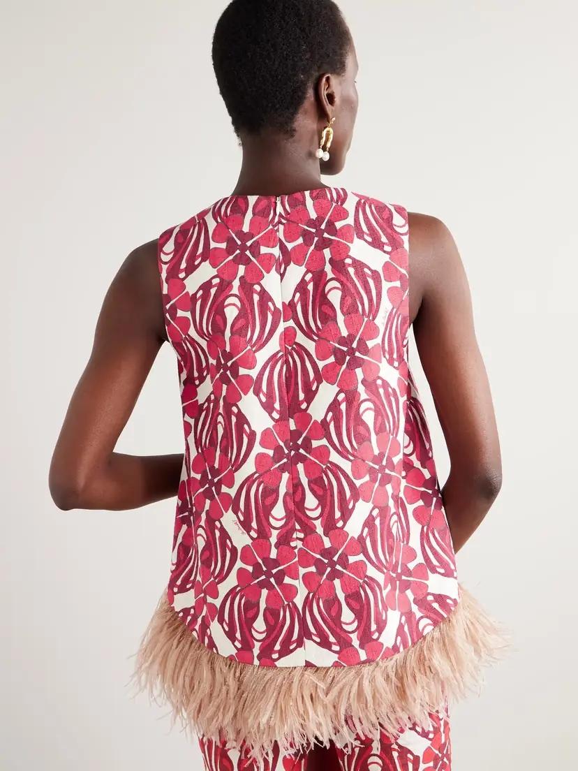 La DoubleJ Icon La Scala Feather-trimmed Printed Stretch-cotton Tweed Top | Thumbnail 3