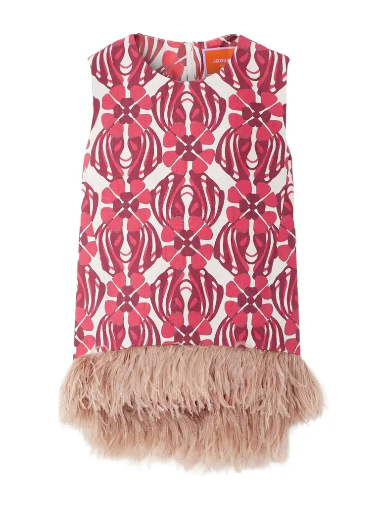 Icon La Scala Feather-trimmed Printed Stretch-cotton Tweed Top Icon La Scala Feather-trimmed Printed Stretch-cotton Tweed Top