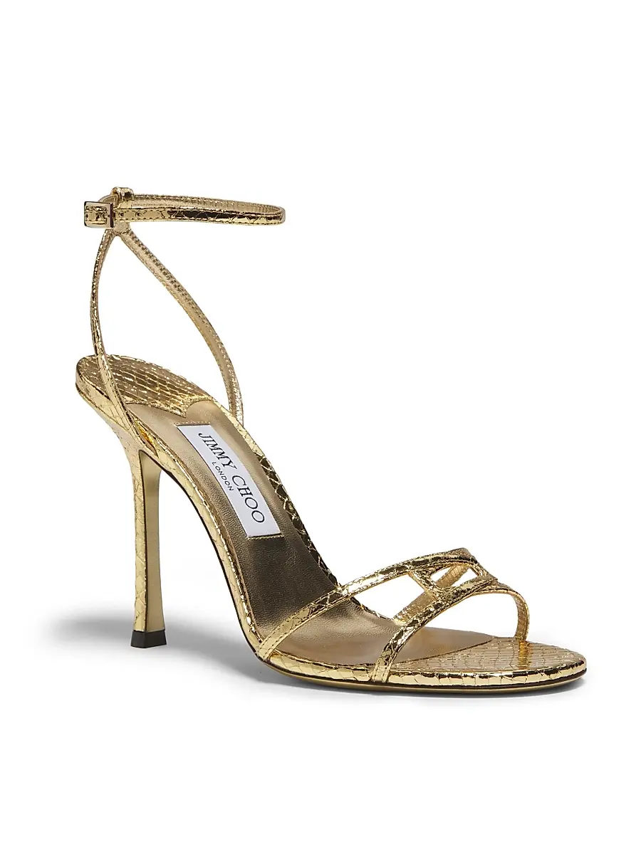 Jimmy Choo Women's Leo 100MM Metallic Leather Sandals - Gold | Thumbnail 2 Jimmy Choo Women's Leo 100MM Metallic Leather Sandals - Gold | Thumbnail 2
