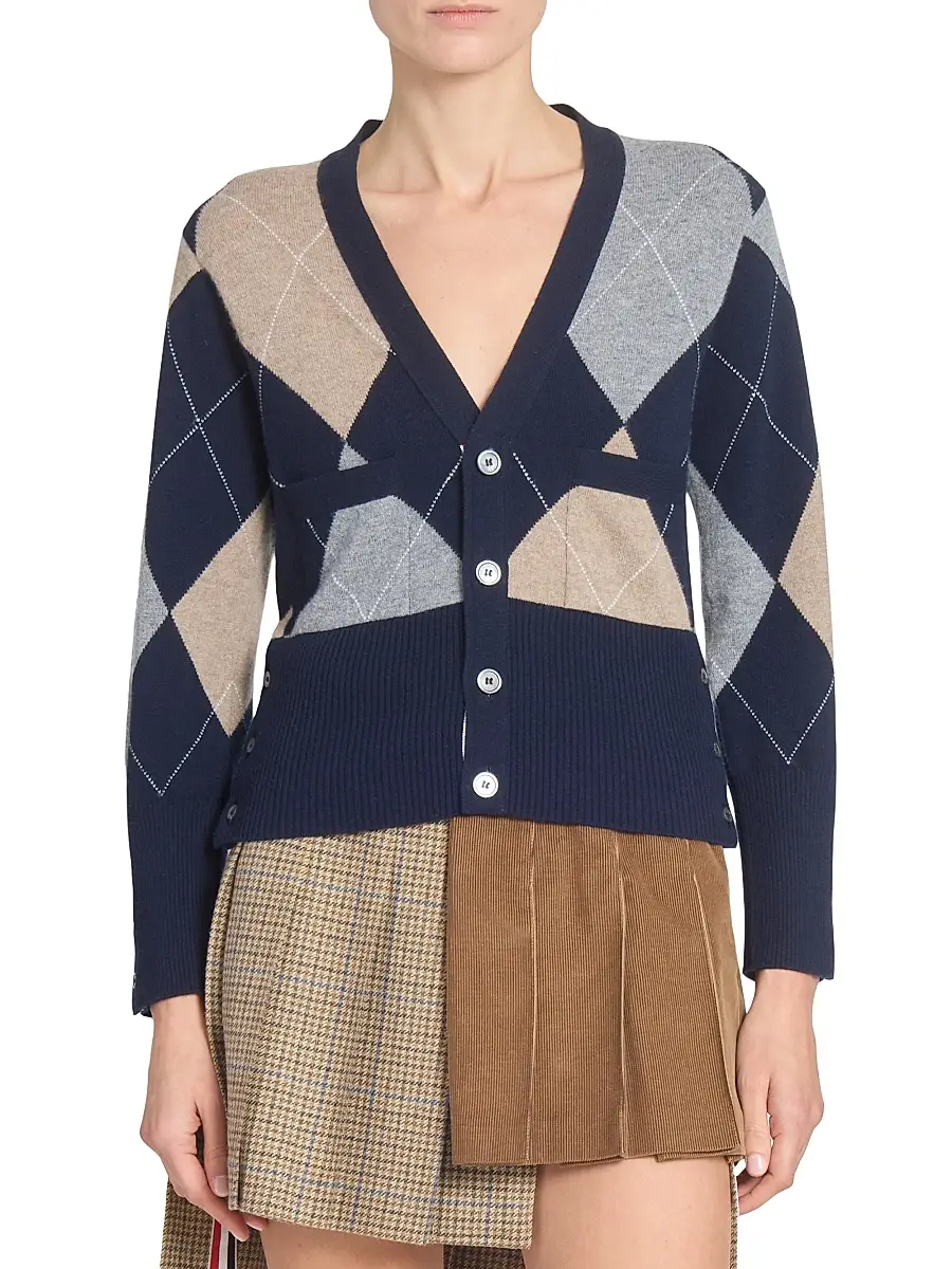 Thom Browne Women's Argyle V-Neck Cashmere Cardigan - Navy | Thumbnail 3 Thom Browne Women's Argyle V-Neck Cashmere Cardigan - Navy | Thumbnail 3