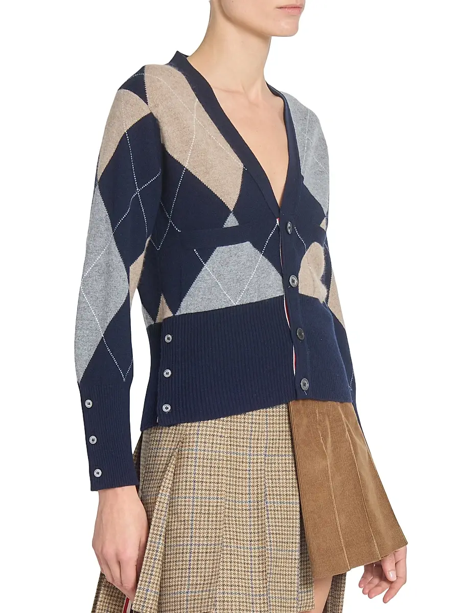 Thom Browne Women's Argyle V-Neck Cashmere Cardigan - Navy | Thumbnail 4 Thom Browne Women's Argyle V-Neck Cashmere Cardigan - Navy | Thumbnail 4
