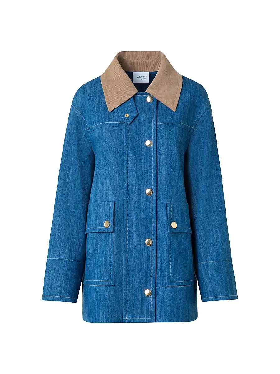 Akris punto Women's Corduroy-Trimmed Denim Jacket - Medium Blue Denim - Size 2 | Image 1 Akris punto Women's Corduroy-Trimmed Denim Jacket - Medium Blue Denim - Size 2 | Image 1