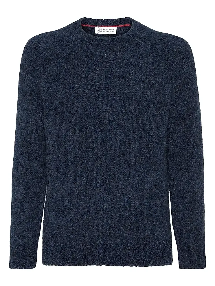 Men's Flecked Alpaca, Virgin Wool and Cashmere Sweater - Navy Blue