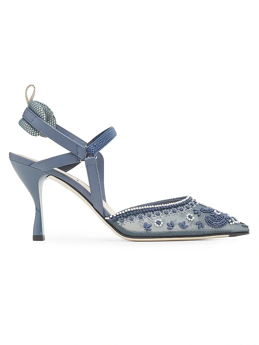 Fendi Women's Bandana Embroidered 85MM Sandals - Blue | Image 1 Fendi Women's Bandana Embroidered 85MM Sandals - Blue | Image 1