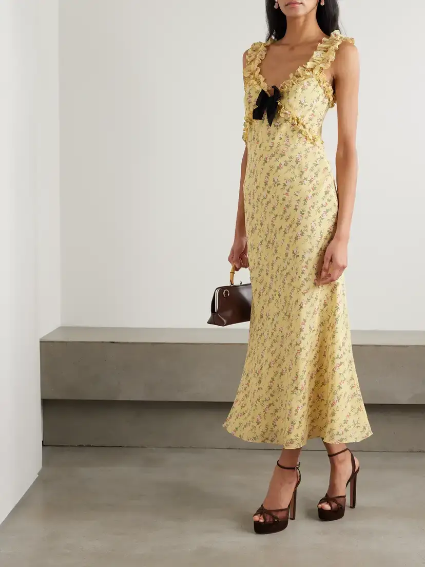 Alessandra Rich Bow-detailed Ruffled Floral-print Silk Crepe De Chine Midi Dress | Thumbnail 2 Alessandra Rich Bow-detailed Ruffled Floral-print Silk Crepe De Chine Midi Dress | Thumbnail 2