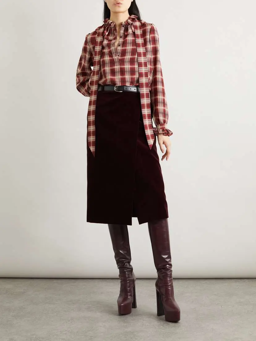 Saint Laurent Pussy-bow Ruched Checked Silk Blouse | Thumbnail 2