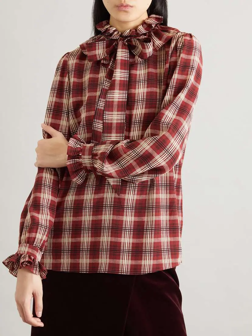 Saint Laurent Pussy-bow Ruched Checked Silk Blouse | Thumbnail 3