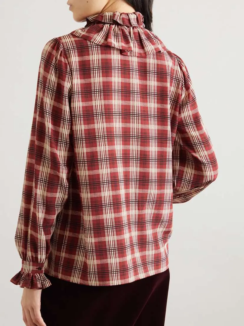 Saint Laurent Pussy-bow Ruched Checked Silk Blouse | Thumbnail 4