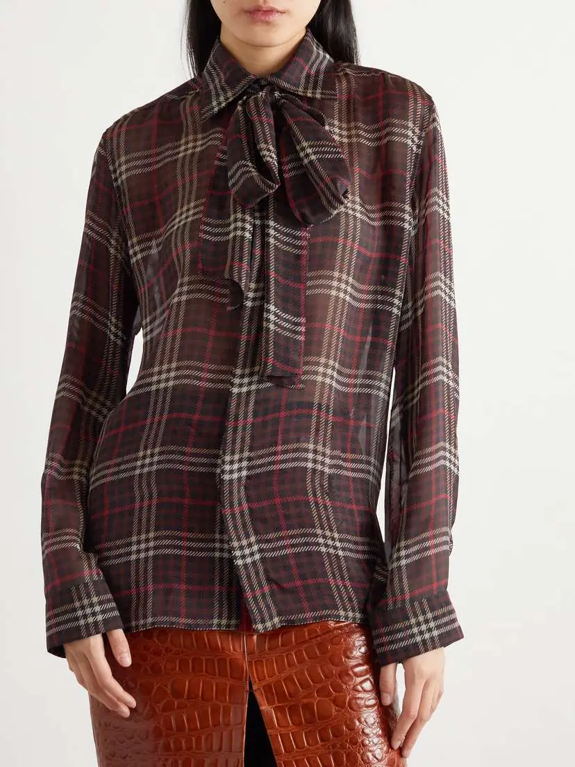 Saint Laurent Pussy-bow Checked Silk-chiffon Shirt | Thumbnail 3 Saint Laurent Pussy-bow Checked Silk-chiffon Shirt | Thumbnail 3