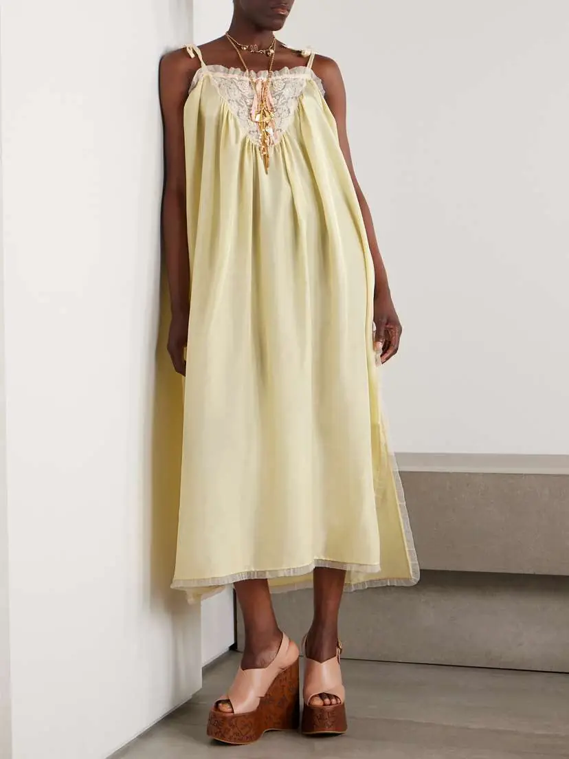 Chloé Gathered Lace-trimmed Silk-habotai Midi Dress | Thumbnail 2