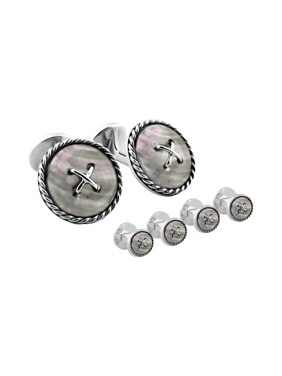 Tateossian Men's Cable Button Double Ended Stud & Cufflink Set - White Mother Of Pearl
