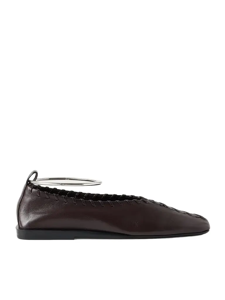 Ring Whipstitch-trimmed Leather Ballet Flats
