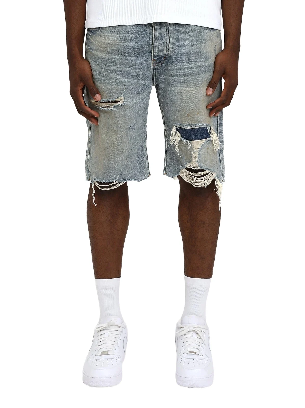 Purple Brand Men's Faros Rip Patched Denim Shorts