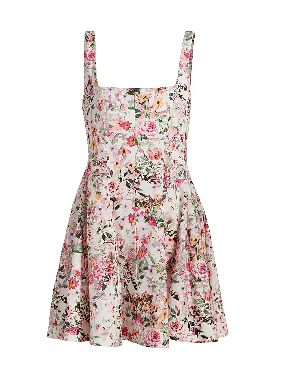 Generation Love Women's Courtney Floral Linen-Blend Fit & Flare Minidress - Zesty Floral White Pink | Image 1 Generation Love Women's Courtney Floral Linen-Blend Fit & Flare Minidress - Zesty Floral White Pink | Image 1