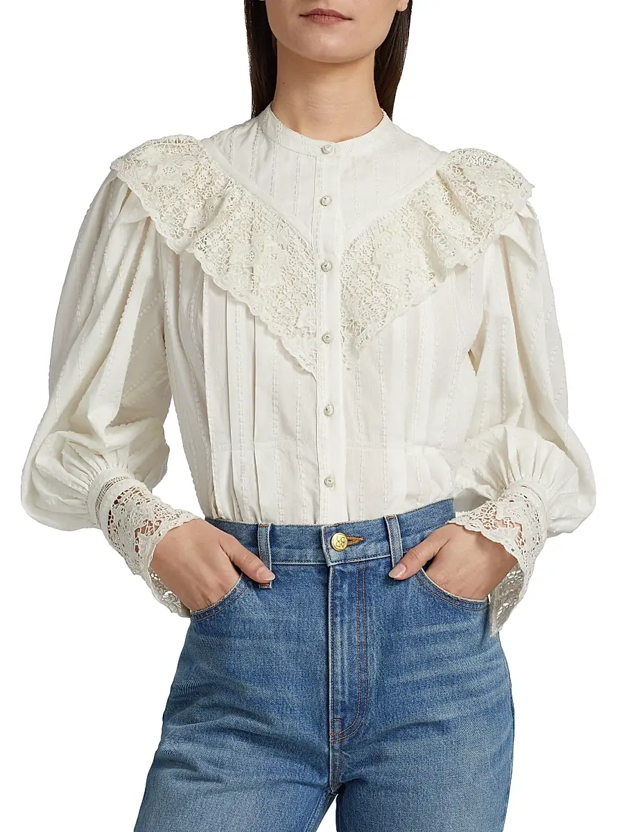 Ulla Johnson Women's Esther Pleated Lace-Trim Cotton Blouse - Pristine | Thumbnail 6 Ulla Johnson Women's Esther Pleated Lace-Trim Cotton Blouse - Pristine | Thumbnail 6
