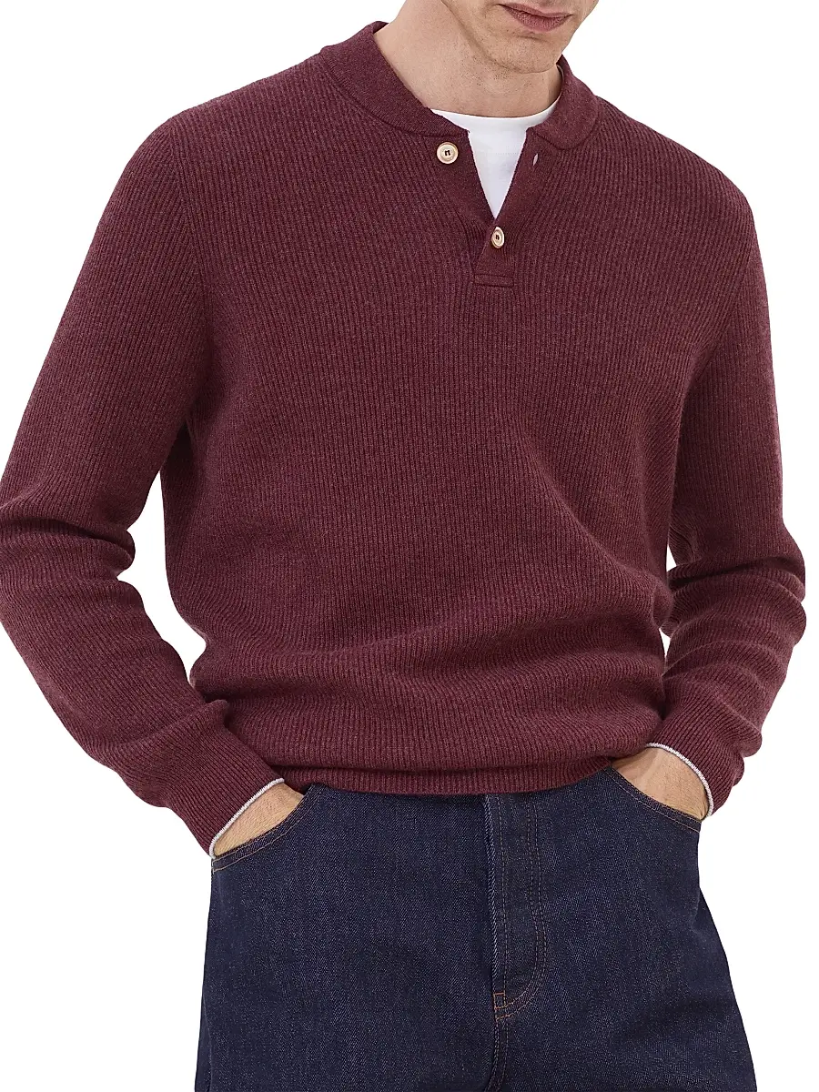 Brunello Cucinelli Men's Cashmere English Rib Sweater with Henley Collar - Amaranth Red | Thumbnail 2 Brunello Cucinelli Men's Cashmere English Rib Sweater with Henley Collar - Amaranth Red | Thumbnail 2