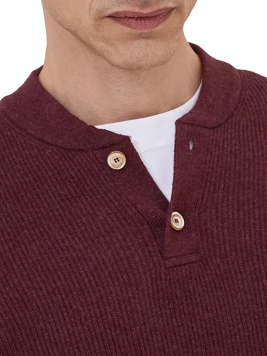 Brunello Cucinelli Men's Cashmere English Rib Sweater with Henley Collar - Amaranth Red | Thumbnail 4 Brunello Cucinelli Men's Cashmere English Rib Sweater with Henley Collar - Amaranth Red | Thumbnail 4