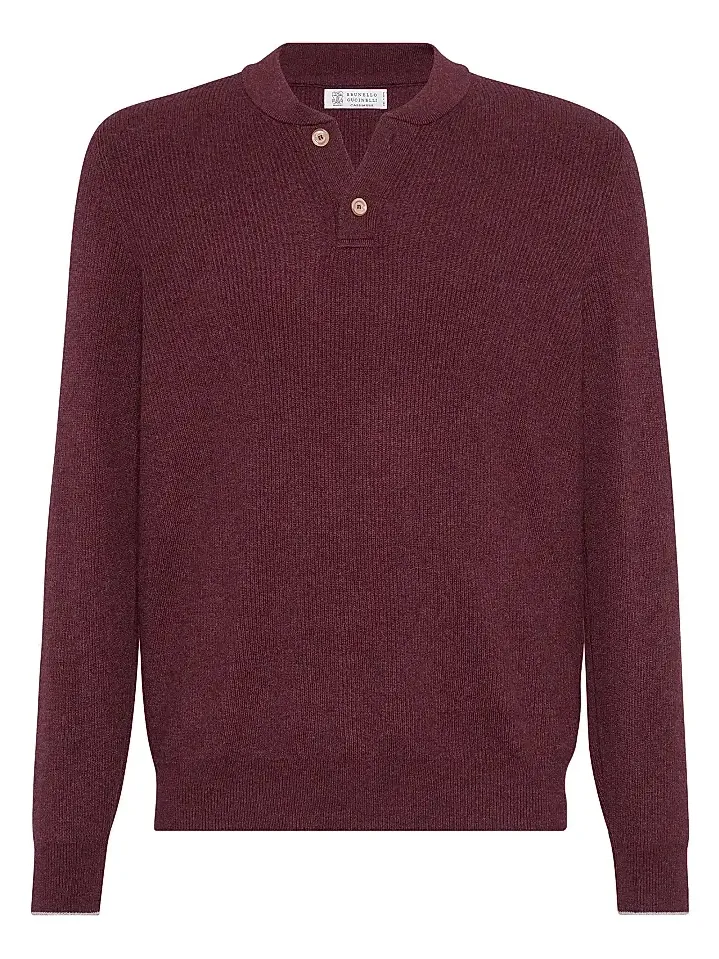 Brunello Cucinelli Men's Cashmere English Rib Sweater with Henley Collar - Amaranth Red
