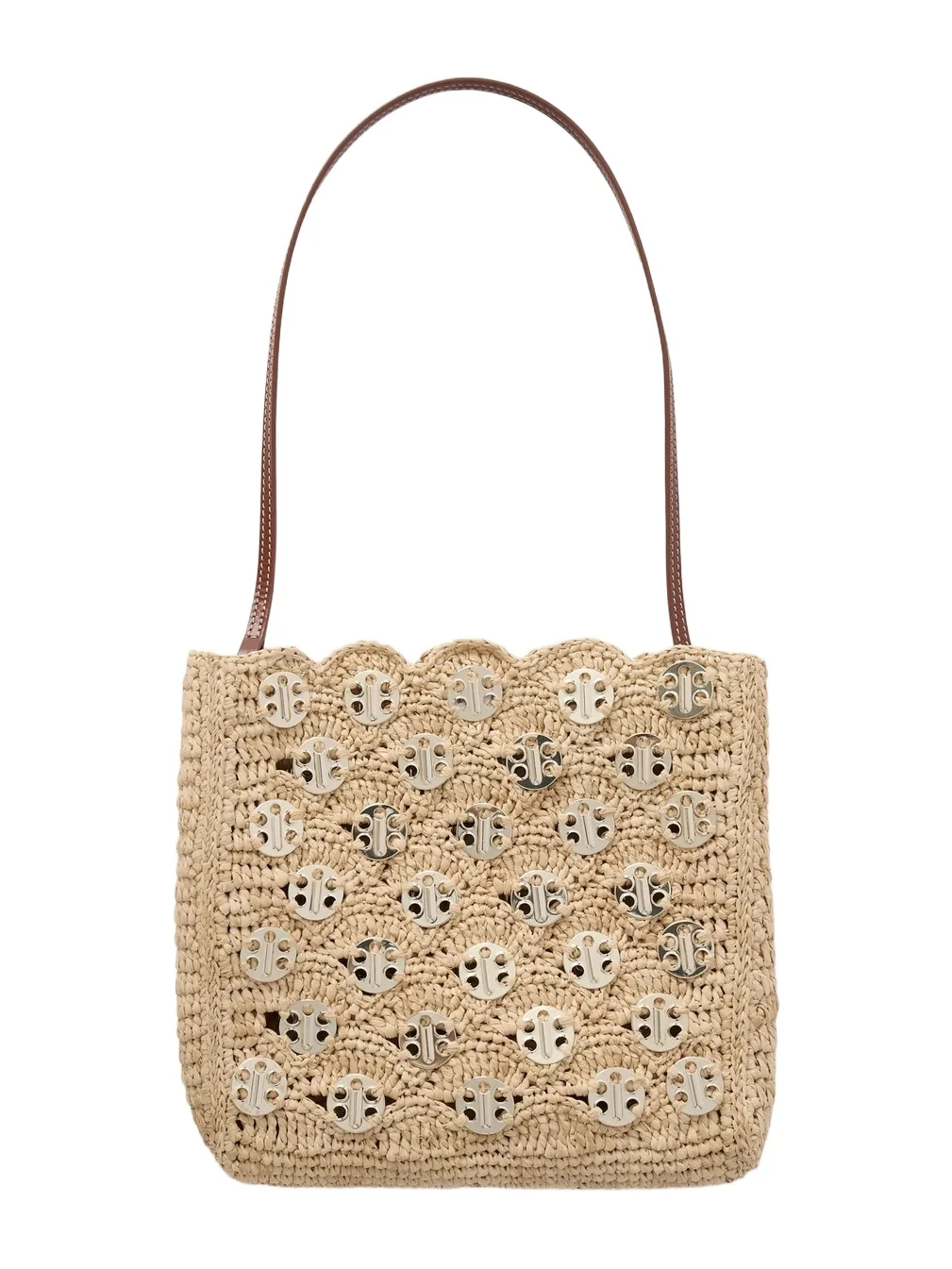 Leather-trimmed Embellished Woven Raffia Shoulder Bag