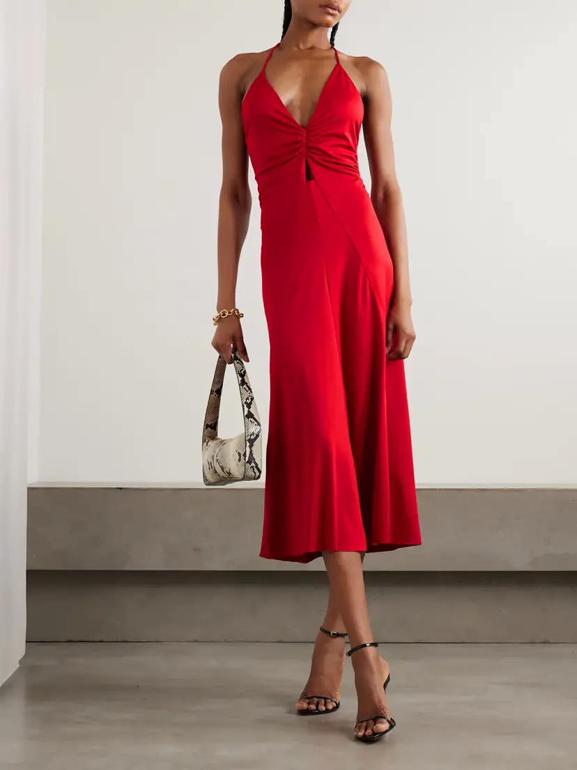 Victoria Beckham Cutout Ruched Satin-jersey Midi Dress | Thumbnail 2