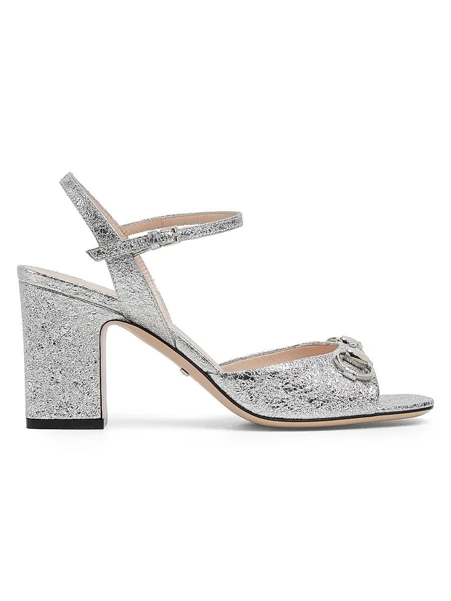 Gucci Women's Lady Horsebit 75MM Metallic Leather Sandals - Silver | Image 1 Gucci Women's Lady Horsebit 75MM Metallic Leather Sandals - Silver | Image 1