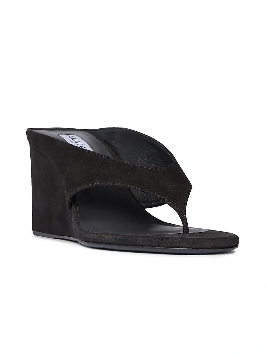 ALAIA Women's 75MM Slip-On Suede Wedge Sandals - Noir | Thumbnail 3