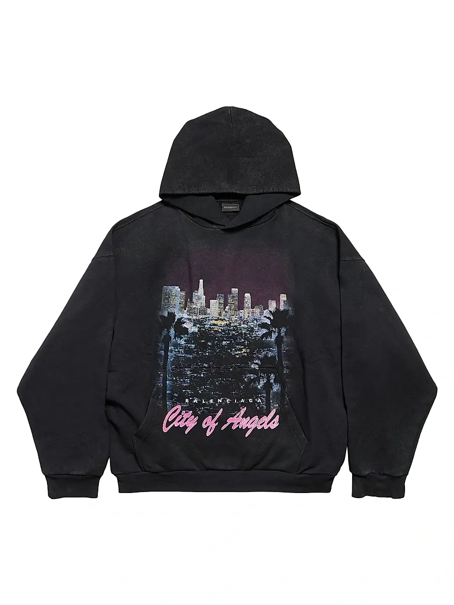 Balenciaga Men's City of Angels Medium Fit Hoodie - Black Faded | Image 1 Balenciaga Men's City of Angels Medium Fit Hoodie - Black Faded | Image 1